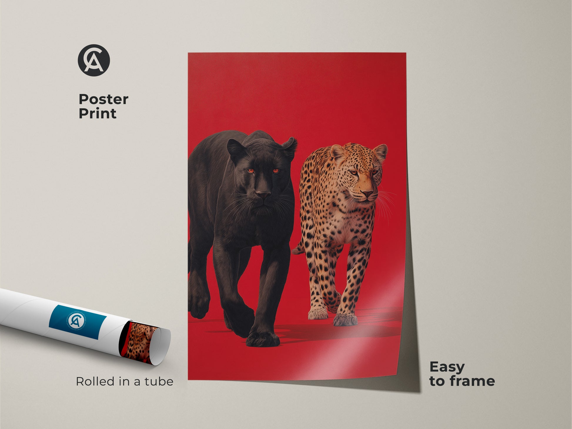 Poster print of a black panther and leopard art piece. The rolled poster is easy to frame. This museum-quality paper print captures the beauty of wildlife. Add this stunning animal artwork to your space today