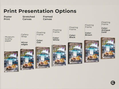 Explore print presentation options like poster prints or stretched canvas. Framed canvas with various floating frame colors are available. Each option showcases the Greek gyros and turquoise seascape artwork.