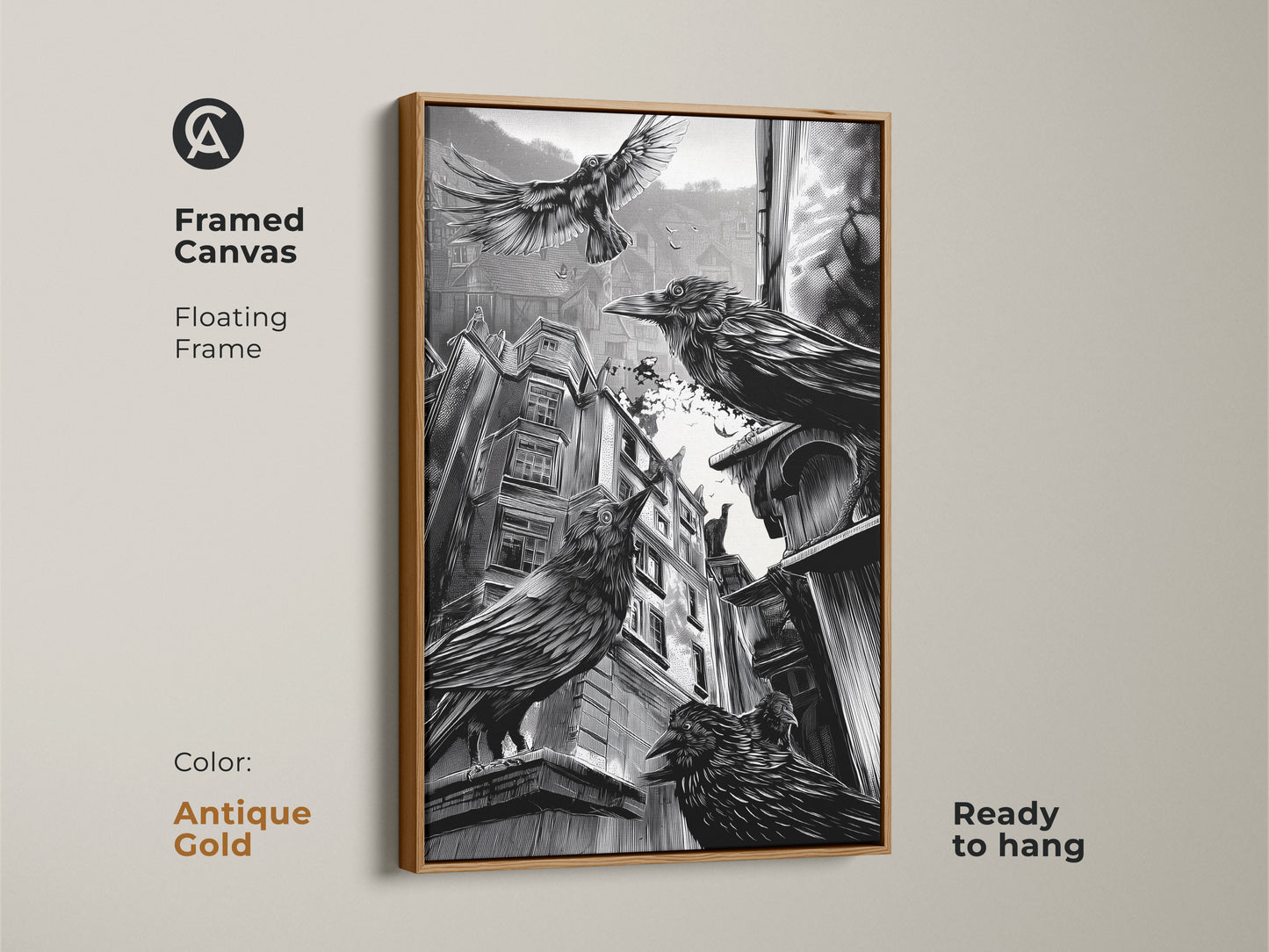Framed canvas featuring gothic crow art with an antique gold floating frame. Black and white urban artwork adds a dark academia aesthetic to any space. Ready to hang. Perfect for gothic home decor or as a Halloween gift. Ideal for study room or office.