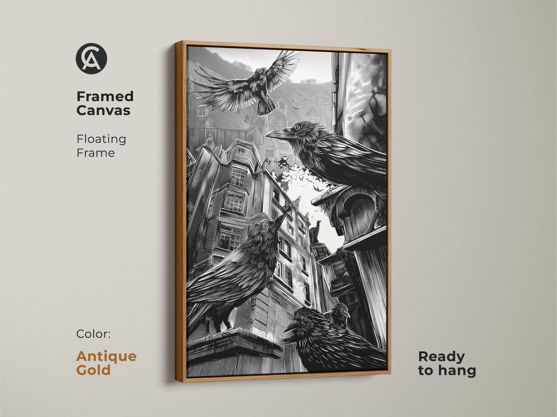 Framed canvas featuring gothic crow art with an antique gold floating frame. Black and white urban artwork adds a dark academia aesthetic to any space. Ready to hang. Perfect for gothic home decor or as a Halloween gift. Ideal for study room or office.