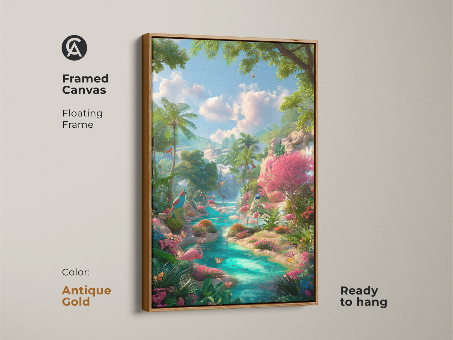 Framed canvas art displaying a tropical flamingo scene with an antique gold floating frame. This ready-to-hang artwork exudes luxury and charm. Perfect for adding a touch of opulence and serenity to your decor.
