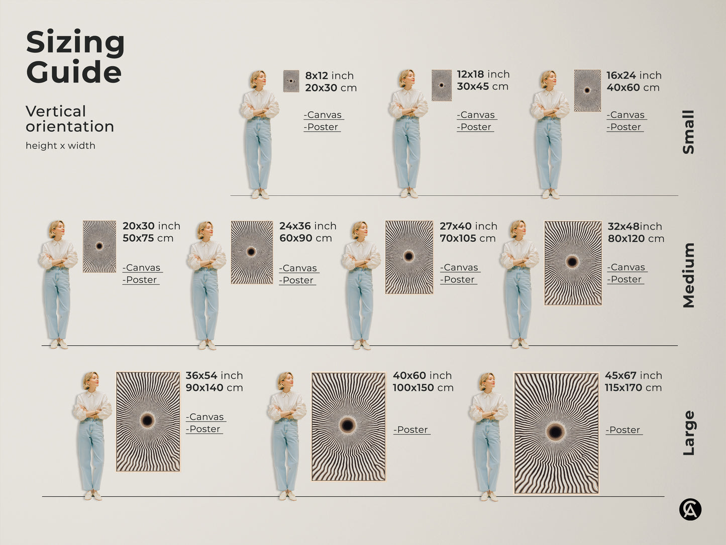 Sizing guide for vertical minimalist geometric wall art. Available in canvas and poster options. See the art in small medium and large sizes to suit your space. Perfect for contemporary home decor.