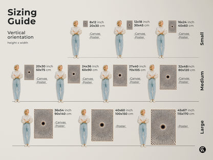 Sizing guide for vertical minimalist geometric wall art. Available in canvas and poster options. See the art in small medium and large sizes to suit your space. Perfect for contemporary home decor.