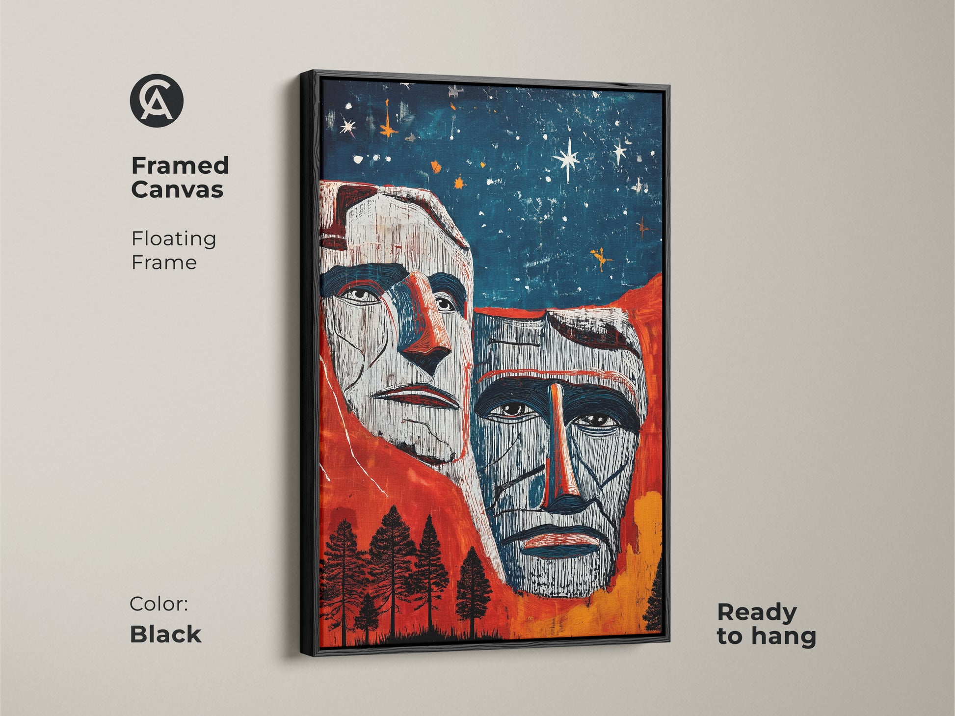 Framed canvas in black featuring Mount Rushmore art. The American Presidents artwork showcases a red blue orange landscape. This eclectic decor is ready to hang. The floating frame adds sophistication. Expressionist art suitable for the office. This unique wall art enhances any room.