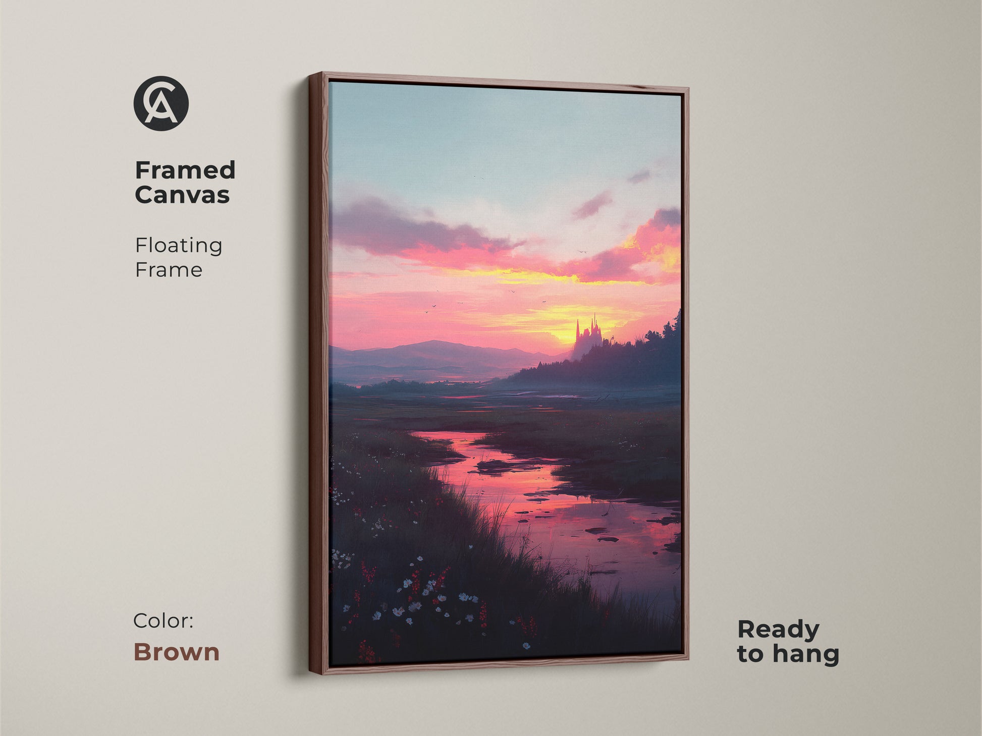 Framed canvas of a sunset river landscape art with a brown floating frame. This ready-to-hang art enhances your decor. The artwork depicts a tranquil river landscape highlighted by a castle and a colorful sunset.