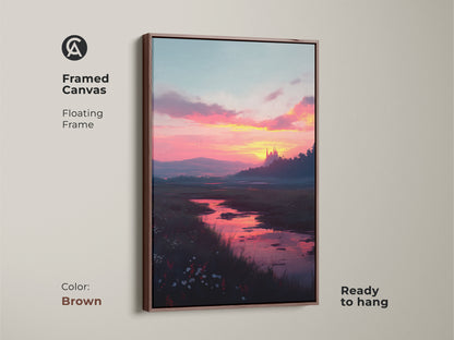 Framed canvas of a sunset river landscape art with a brown floating frame. This ready-to-hang art enhances your decor. The artwork depicts a tranquil river landscape highlighted by a castle and a colorful sunset.