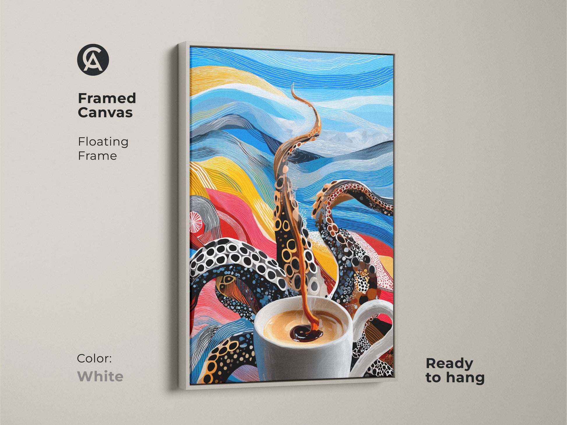 Framed canvas art with floating white frame is ready to hang. The surreal octopus coffee cup artwork adds abstract kitchen decor. Its bold yellow blue and red colors make this art eclectic.