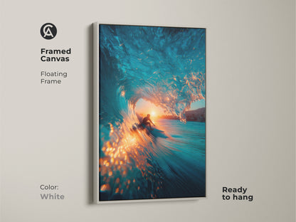 Add a touch of the ocean to your home with this framed canvas art. A surfer is riding inside a blue wave at sunset. The floating frame is white. This ready to hang artwork brings a calming coastal vibe to your decor.