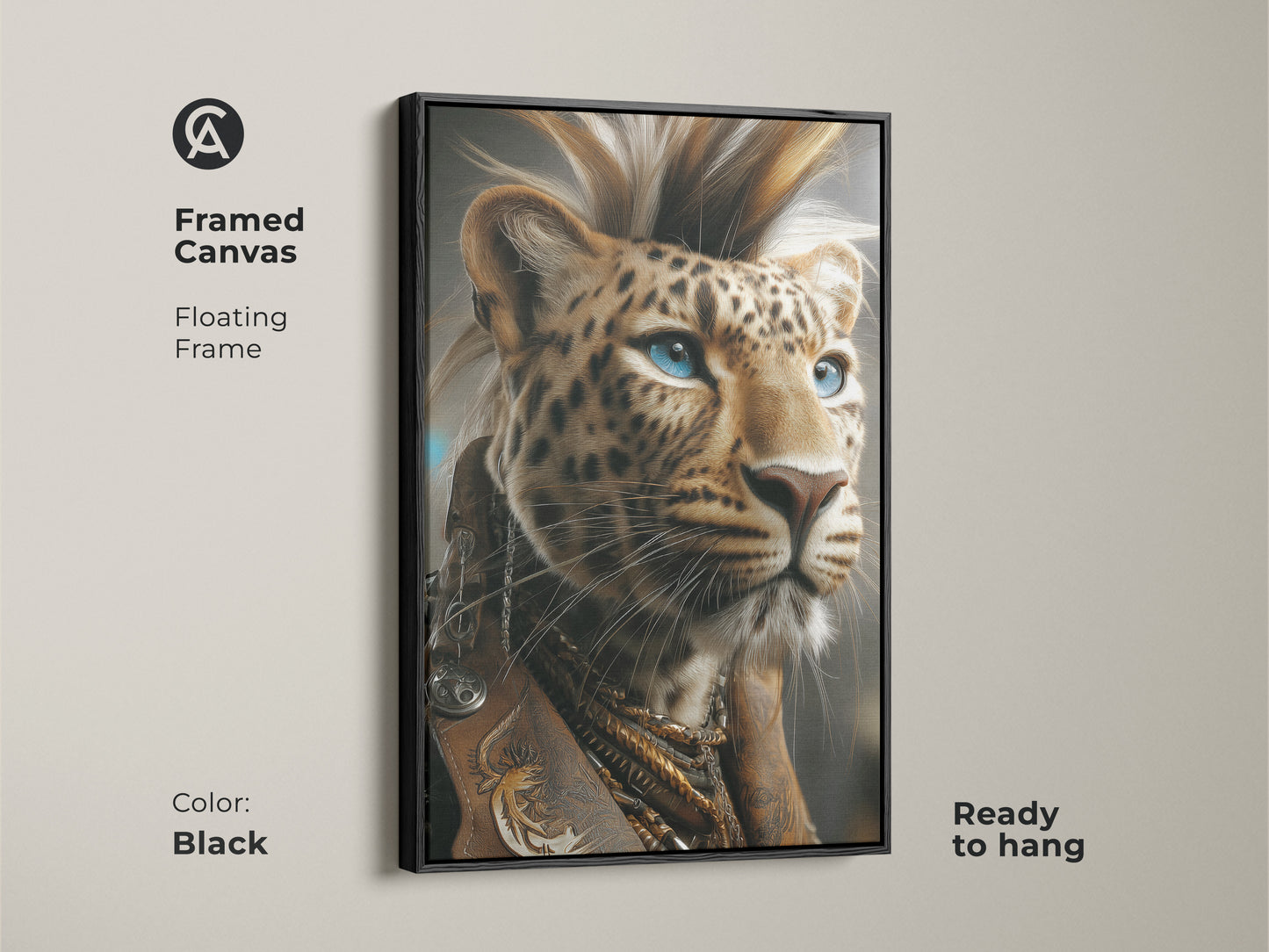 Framed Canvas of the Rockstar Leopard Portrait. A black floating frame enhances the art. Ready to hang and perfect for a man cave. The brown and gold leather punk art is distinctive.