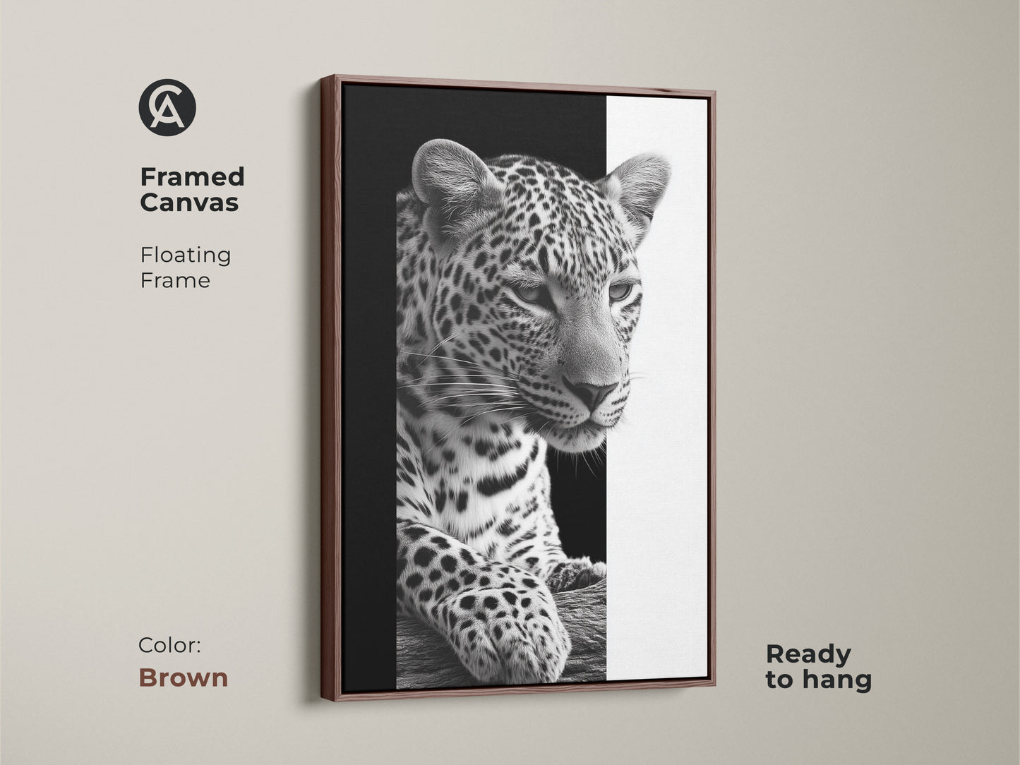 A framed canvas of a monochrome leopard. The floating frame comes in brown and is ready to hang. A black and white wildlife art piece offering contemporary animal decor. It is ideal as bedroom wall art or living room art. This makes a thoughtful gift for animal lovers to elevate their space.