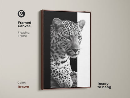 A framed canvas of a monochrome leopard. The floating frame comes in brown and is ready to hang. A black and white wildlife art piece offering contemporary animal decor. It is ideal as bedroom wall art or living room art. This makes a thoughtful gift for animal lovers to elevate their space.