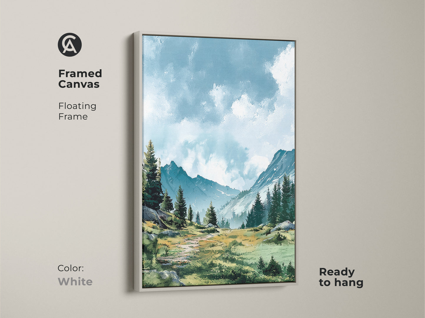 Brighten up your home with this framed canvas art. Displaying a calming mountain landscape in a white floating frame. This ready-to-hang piece adds a fresh touch to any room. The white frame complements the artwork's serene colors.