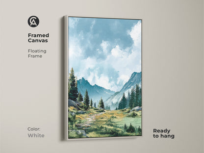 Brighten up your home with this framed canvas art. Displaying a calming mountain landscape in a white floating frame. This ready-to-hang piece adds a fresh touch to any room. The white frame complements the artwork's serene colors.
