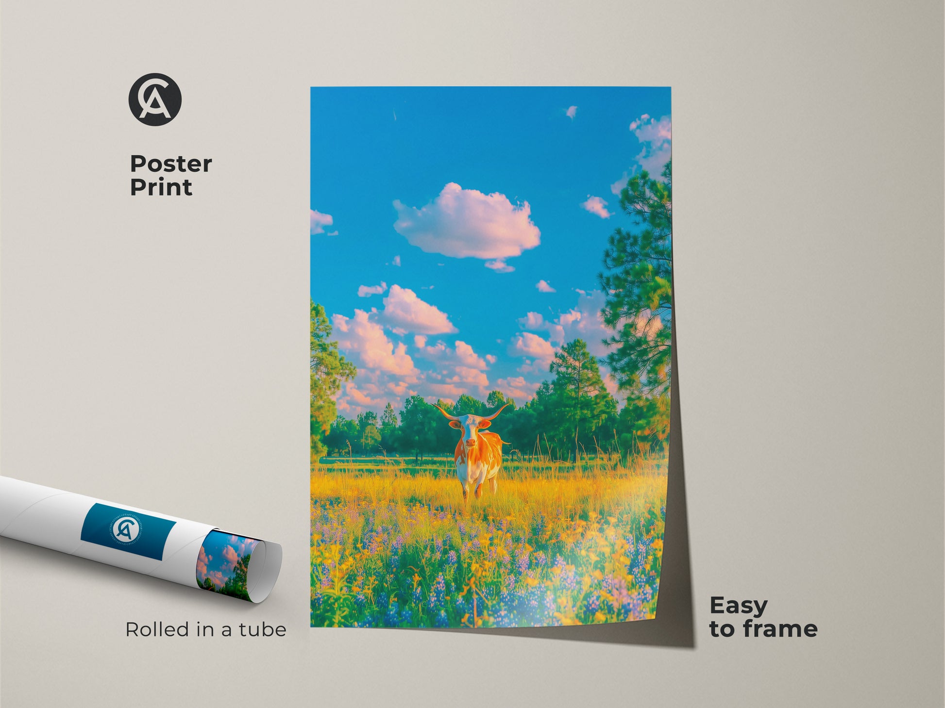 Poster print shows a Texas Longhorn cow standing in a meadow. Rolled in a tube this museum-quality paper is easy to frame. The artwork captures a serene moment in nature. Perfect for art lovers looking to add a touch of the Southwest to their walls.