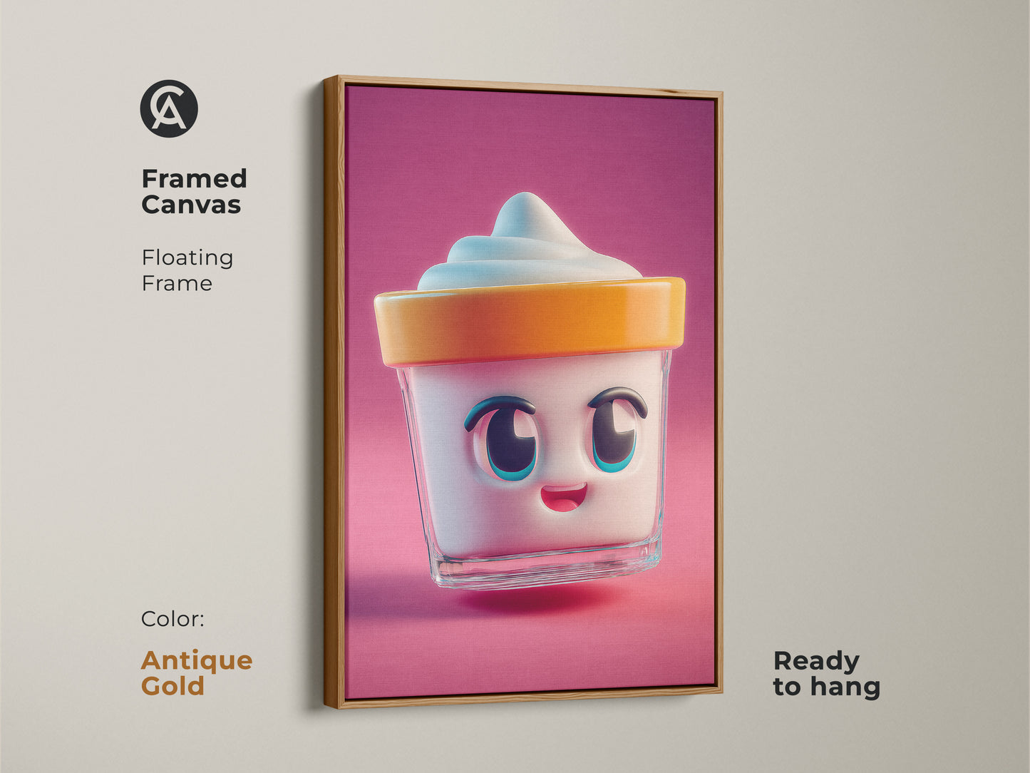 Antique gold framed canvas art displays a kawaii ice cream cup. The cartoon food art is ready to hang. A perfect dessert lover gift idea for bright kitchen art. This cute dessert illustration adds a fun touch.