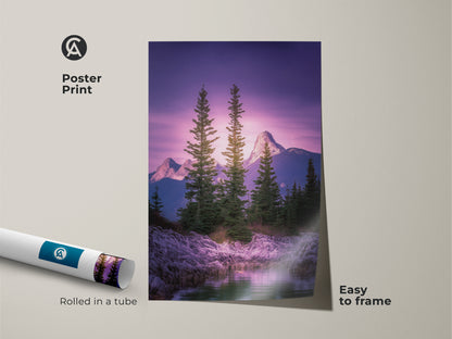 Poster print of a scenic mountain view. Pine trees art with a violet purple sky. Rolled in a tube and easy to frame. Nature scenic wall decor for a living room. Great housewarming gift.