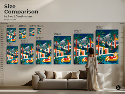 Size comparison for wall art prints featuring a woman lounging by the pool. See how different sizes ranging from small to large fit above a sofa. Available in inches and centimeters. Visualize the impact of each size on your living space. Perfect for planning your home decor with this vibrant and summery artwork.