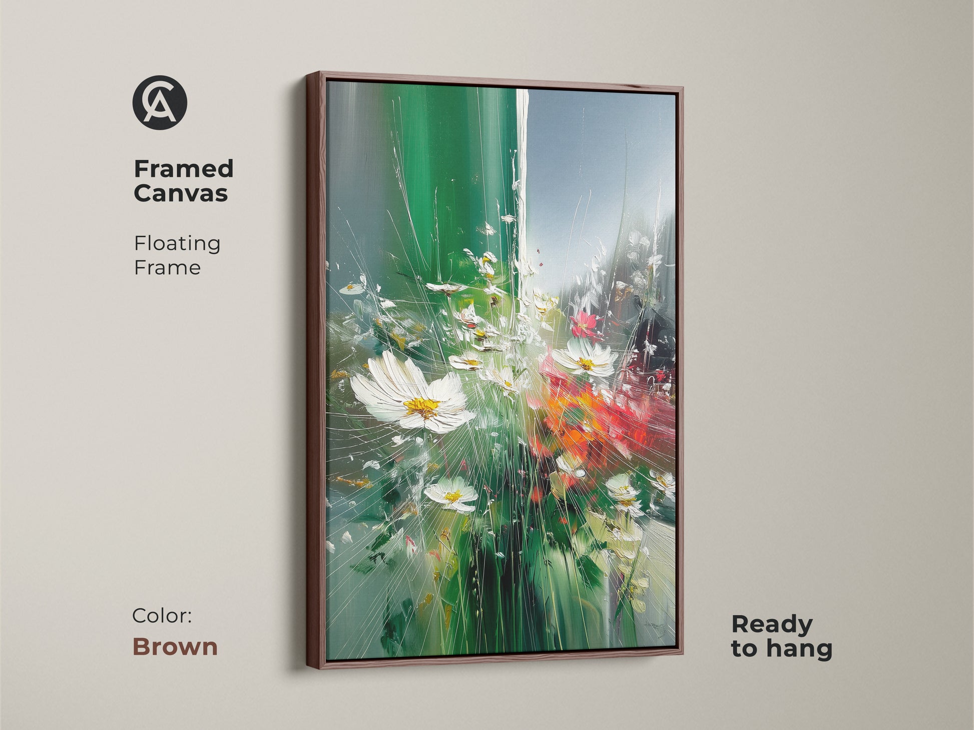 Framed botanical wall art with a brown floating frame. Showcasing impressionistic daisies and emerald green hues. The artwork adds an eclectic touch to any space. This teal and white nature artwork is perfect for plant lovers. Ready to hang.