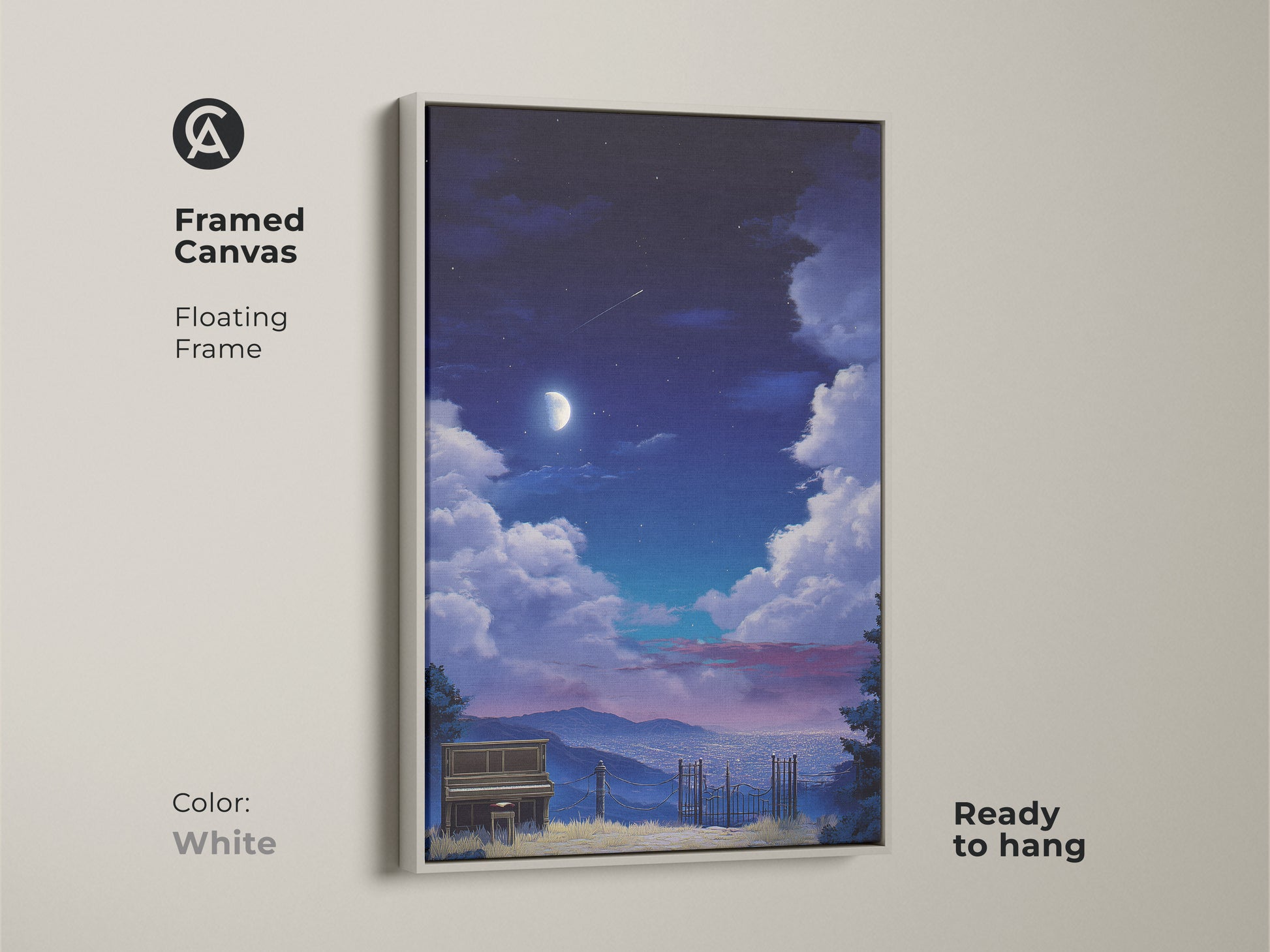 Framed canvas showcasing a surreal piano landscape under a dreamy night sky. The white floating frame complements the artwork. Ready to hang in any room. Ideal for music lovers and eclectic home decor. A unique gift for any occasion.
