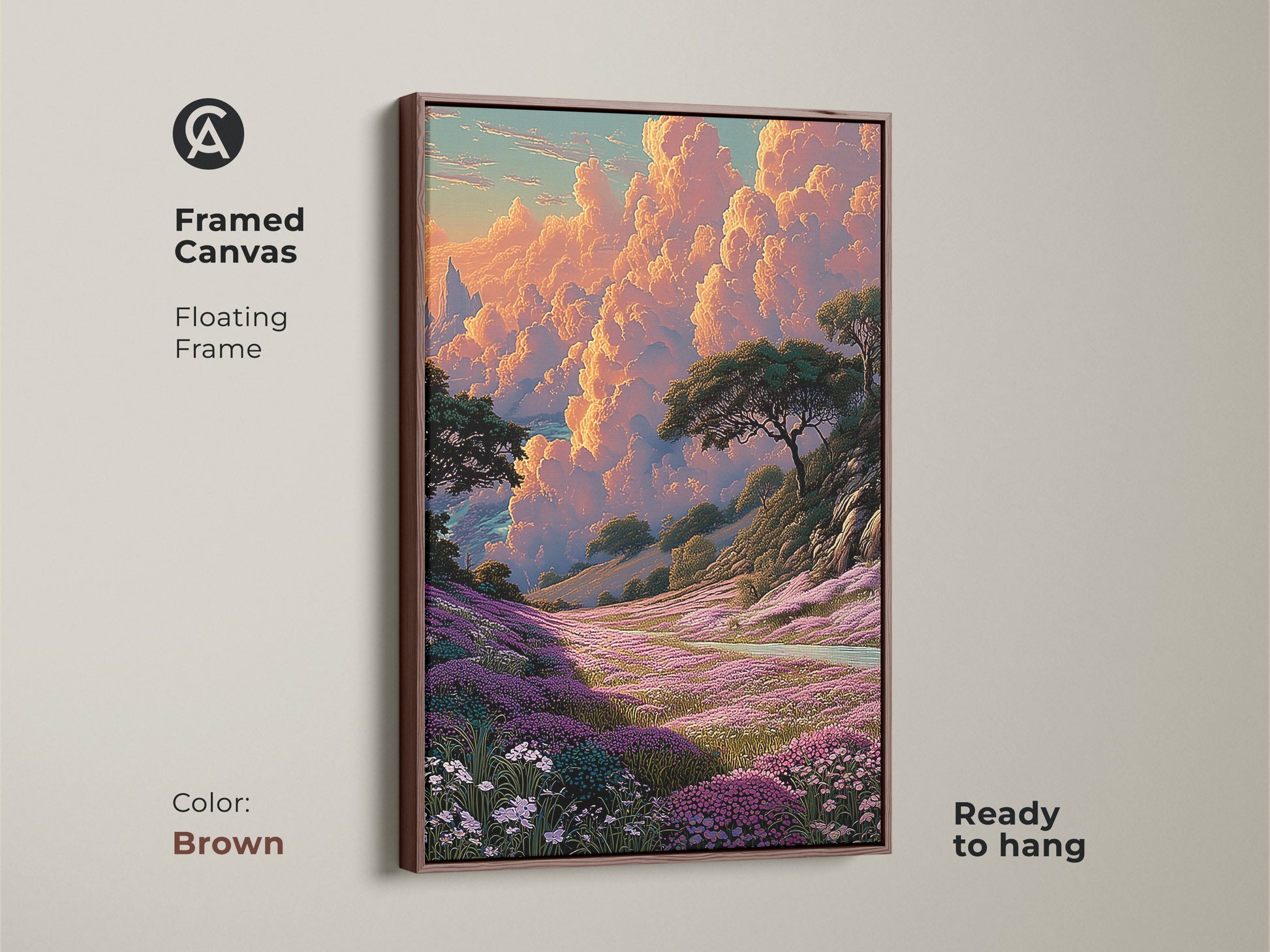 Brown framed canvas featuring a vibrant floral landscape print. The artwork displays a dreamy sky with purple and orange tones. Ready to hang this canvas adds a bohemian touch to your living room or bedroom. Perfect for nature enthusiasts.