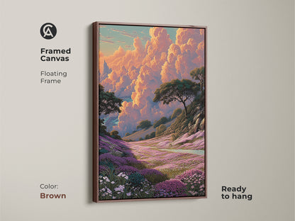 Brown framed canvas featuring a vibrant floral landscape print. The artwork displays a dreamy sky with purple and orange tones. Ready to hang this canvas adds a bohemian touch to your living room or bedroom. Perfect for nature enthusiasts.