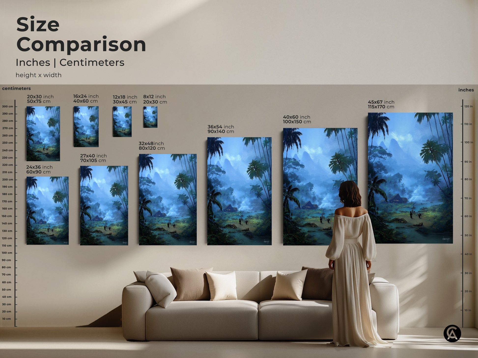 Size comparison of tropical art in inches and centimeters. A woman stands near the sofa with various canvas sizes. Visualize artwork dimensions for your living room decor. Sizes range from 20x30 cm to 115x170 cm. Find the perfect misty mountain village art.