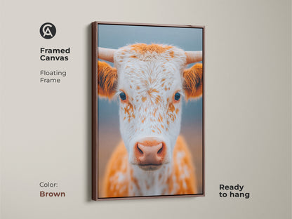 Framed canvas of a longhorn calf. The floating frame is brown. The art is ready to hang. This framed art offers a polished look. The canvas will elevate your home decor.