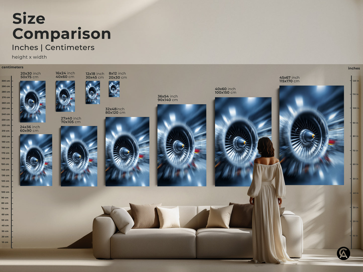 Size comparison of abstract jet engine art. Visualize the impact of different sizes of this turbine blades artwork in your space. Available as canvas or poster. This industrial tech wall art adds a modern touch to any room. Perfect for technology enthusiasts.