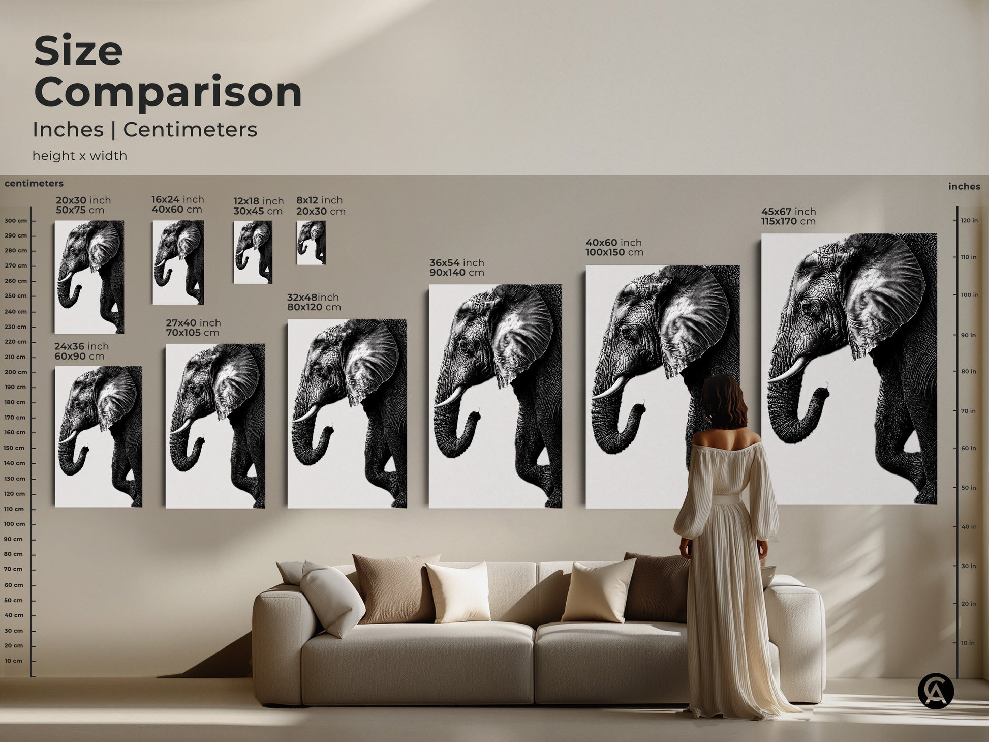 Size comparison of minimalist elephant prints in inches and centimeters. See how monochrome elephant wall art fits above a sofa. Visualize wildlife wall decor in your home.