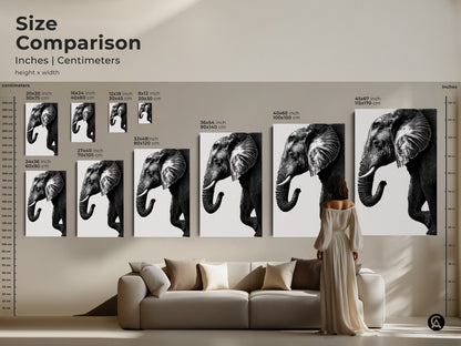 Size comparison of minimalist elephant prints in inches and centimeters. See how monochrome elephant wall art fits above a sofa. Visualize wildlife wall decor in your home.