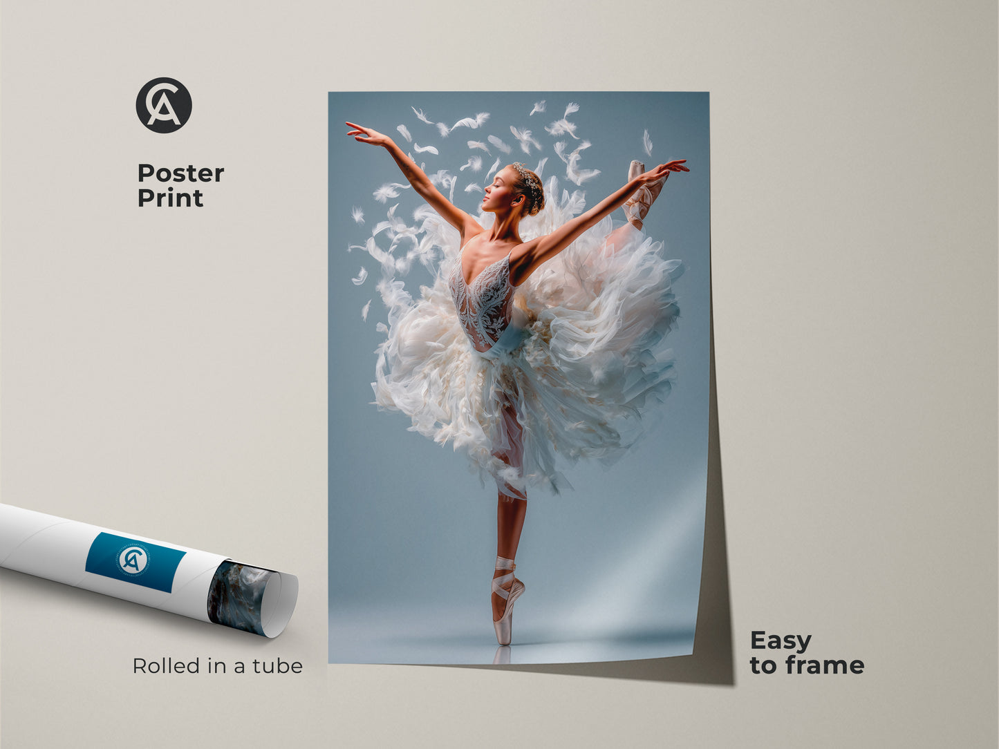 Poster print of a ballerina wearing a white feather tutu. The print is rolled in a tube for easy framing. A perfect addition to any dance lover's collection. Shop this ballerina poster for your wall.