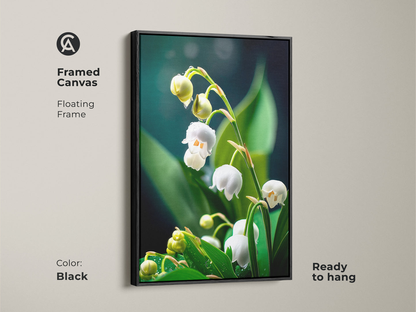Framed canvas featuring Lily of the Valley artwork in a black floating frame. Ready to hang this realistic macro botanical art adds tranquil beauty. The white and green floral print suits Scandinavian and modern styles making it an ideal spring decor.