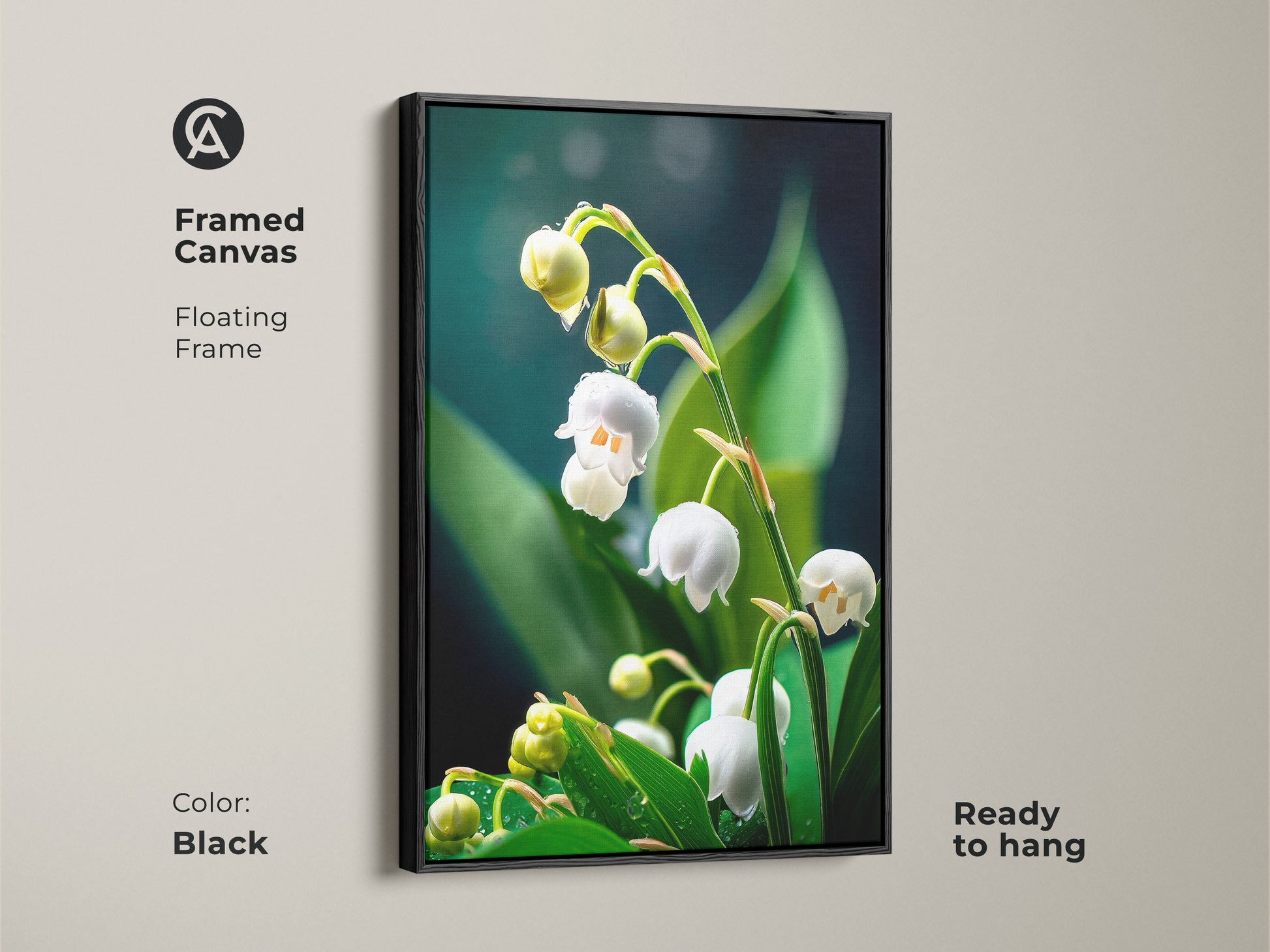 Framed canvas featuring Lily of the Valley artwork in a black floating frame. Ready to hang this realistic macro botanical art adds tranquil beauty. The white and green floral print suits Scandinavian and modern styles making it an ideal spring decor.