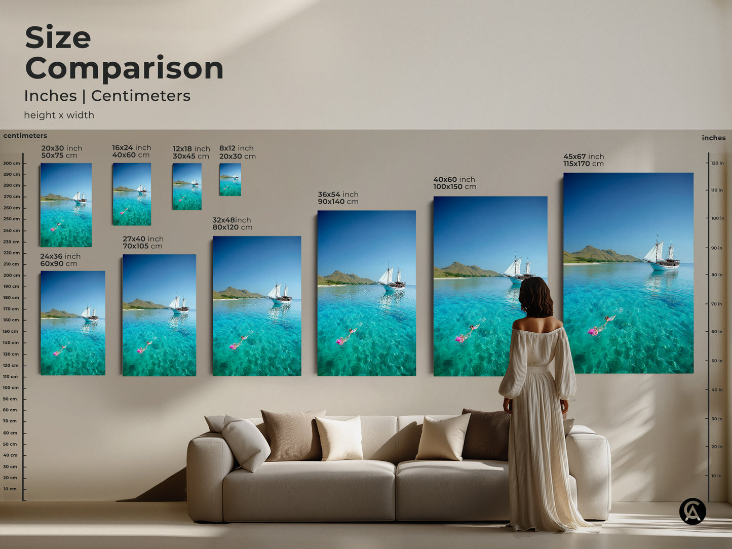 Compare sizes of the coastal canvas art. See the sailboat and snorkeler artwork in various dimensions. This turquoise ocean print complements any room. Choose the perfect size for your decor needs.