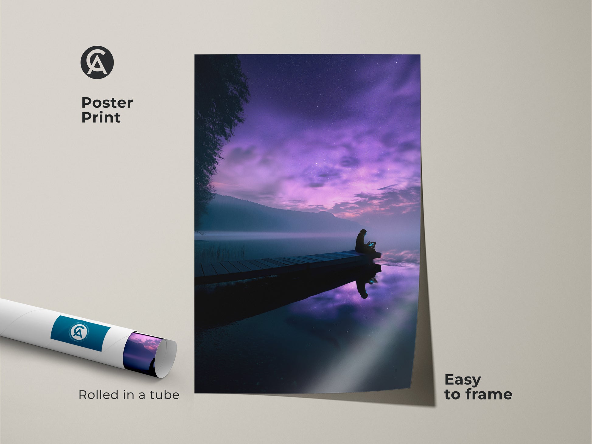 Dreamy landscape poster print of a person on dock under a starry night. This surreal lake canvas art is easy to frame. The purple night sky wall art adds a calm water wall decor touch to any room. A unique travel gift idea.