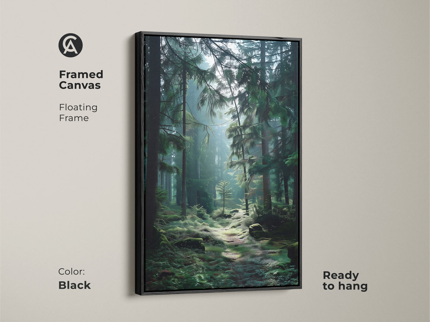 Black framed canvas featuring misty mountain art. Floating frame showcases a forest trail wall art. This deep green pine tree forest art is ready to hang. It's ideal as rustic emerald green home decor.