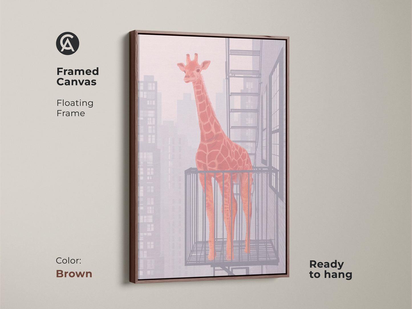 Framed canvas features a floating frame for an orange giraffe abstract artwork. The brown frame enhances the contemporary animal artwork. Ready to hang and enjoy. Perfect housewarming gift.