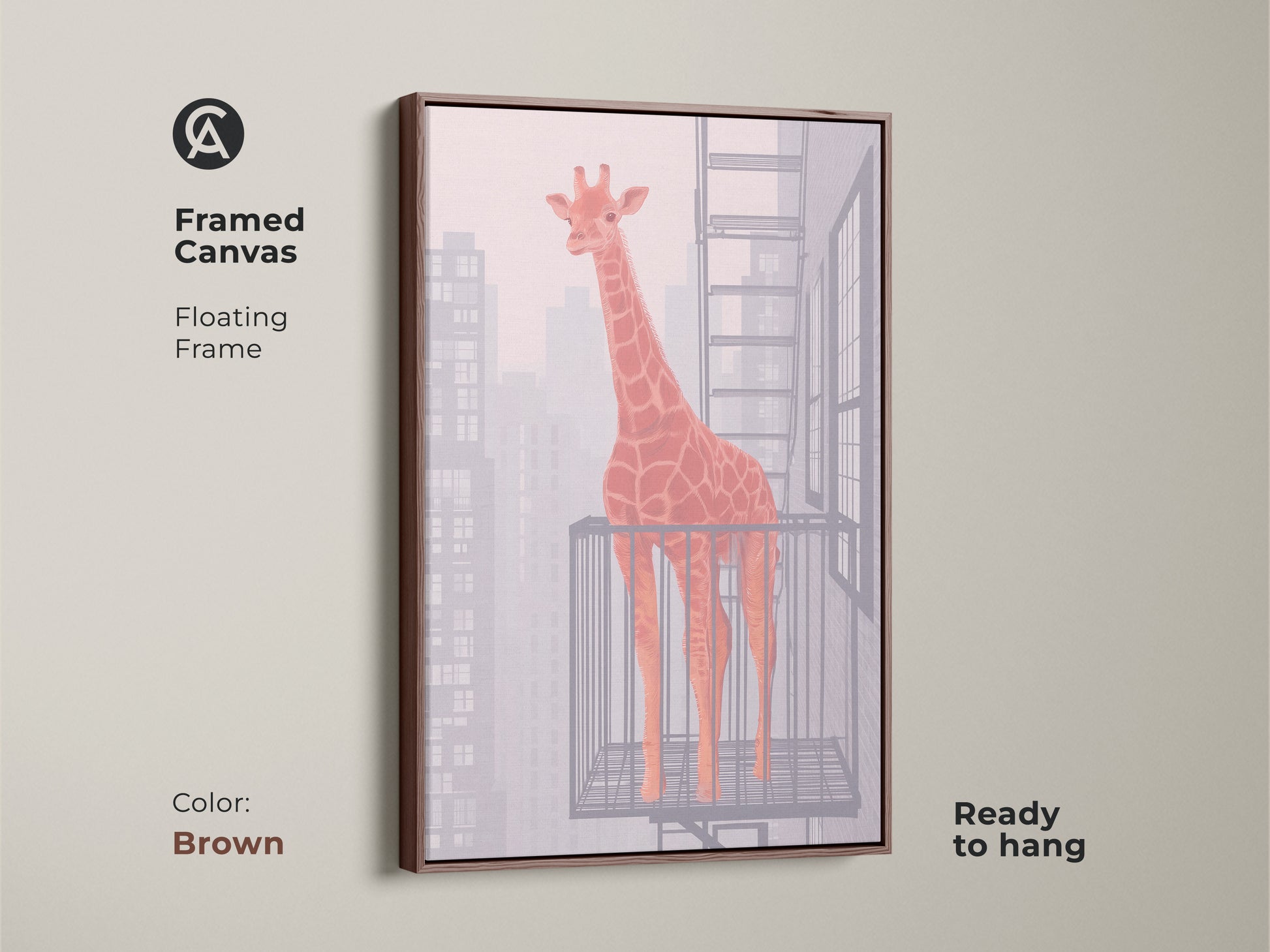 Framed canvas features a floating frame for an orange giraffe abstract artwork. The brown frame enhances the contemporary animal artwork. Ready to hang and enjoy. Perfect housewarming gift.