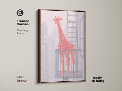 Framed canvas features a floating frame for an orange giraffe abstract artwork. The brown frame enhances the contemporary animal artwork. Ready to hang and enjoy. Perfect housewarming gift.