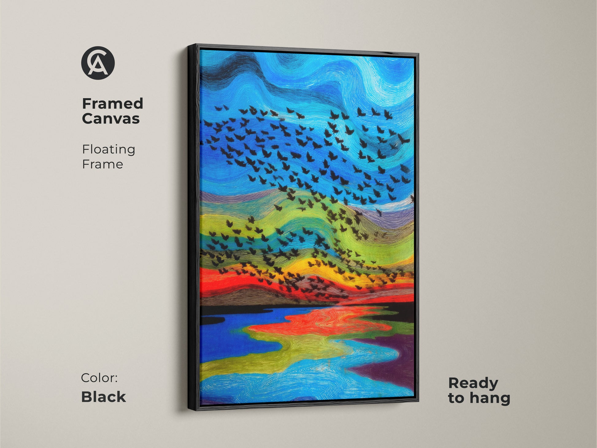 Framed abstract bird canvas art with floating frame in black. Ready to hang blue red green nature landscape artwork. Eclectic animal painting enhances modern bedroom decor and is perfect as housewarming gift.