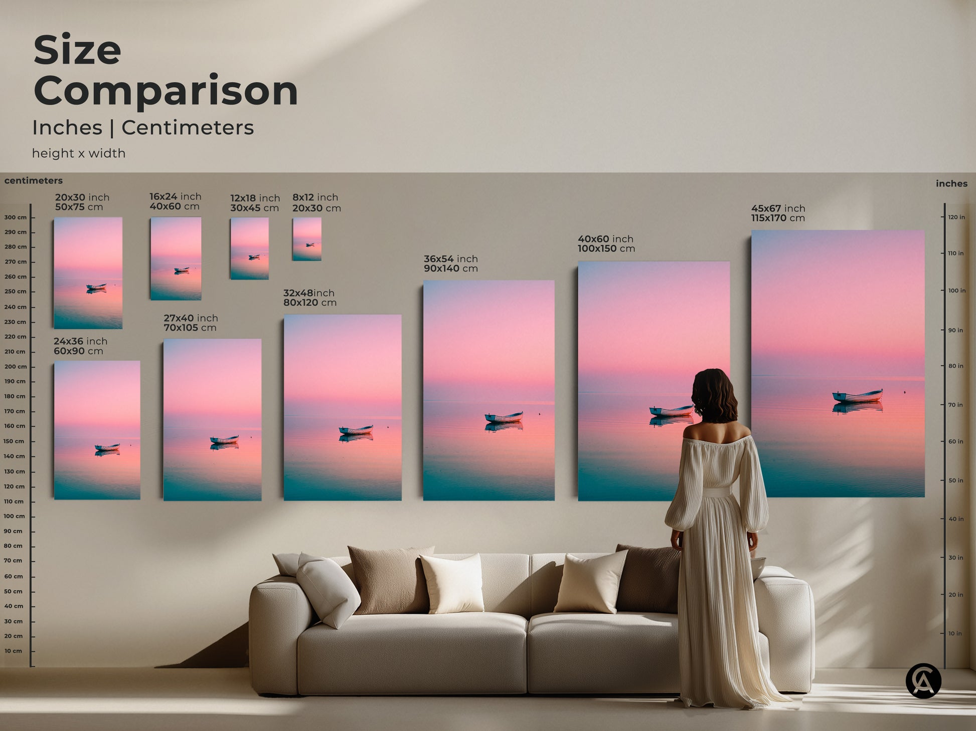 Size comparison of coastal artwork. See the sizes in inches and centimeters. Perfect for canvas and poster prints. Find the ideal fit for your home. Decorate with fine art prints today.
