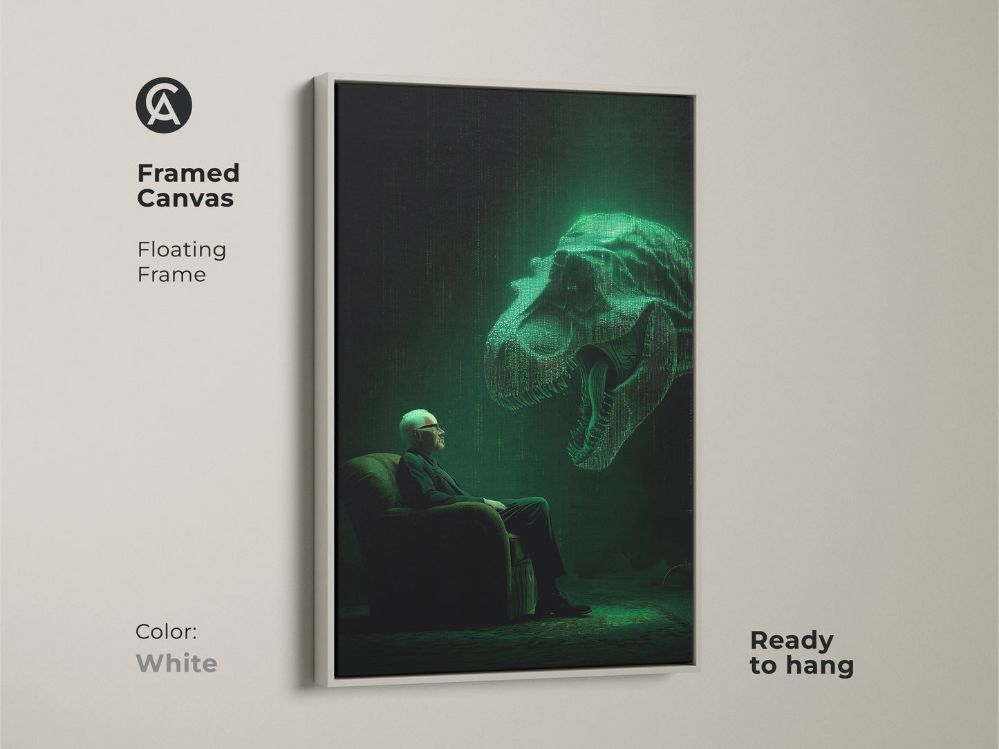 This framed canvas art offers a modern twist. A man sits calmly facing a glowing T-Rex head. The white floating frame adds a clean look. Ready to hang it blends seamlessly. This artwork enhances any room's aesthetic.