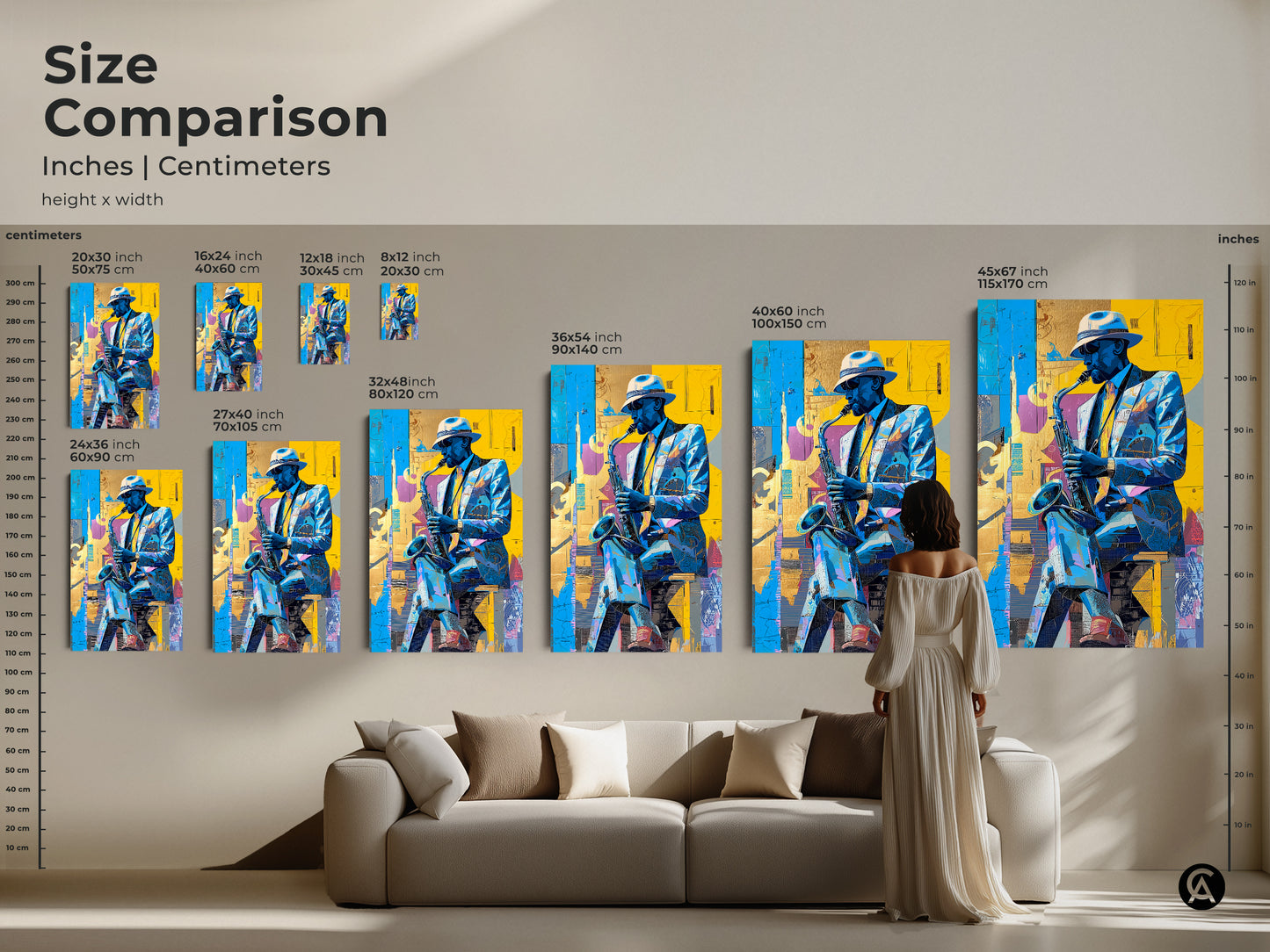 Size comparison of jazz art prints. See how different sizes fit in a living room setting. Available in inches and centimeters. Artwork features a stylish saxophone player. Choose the ideal size for your wall decor needs.