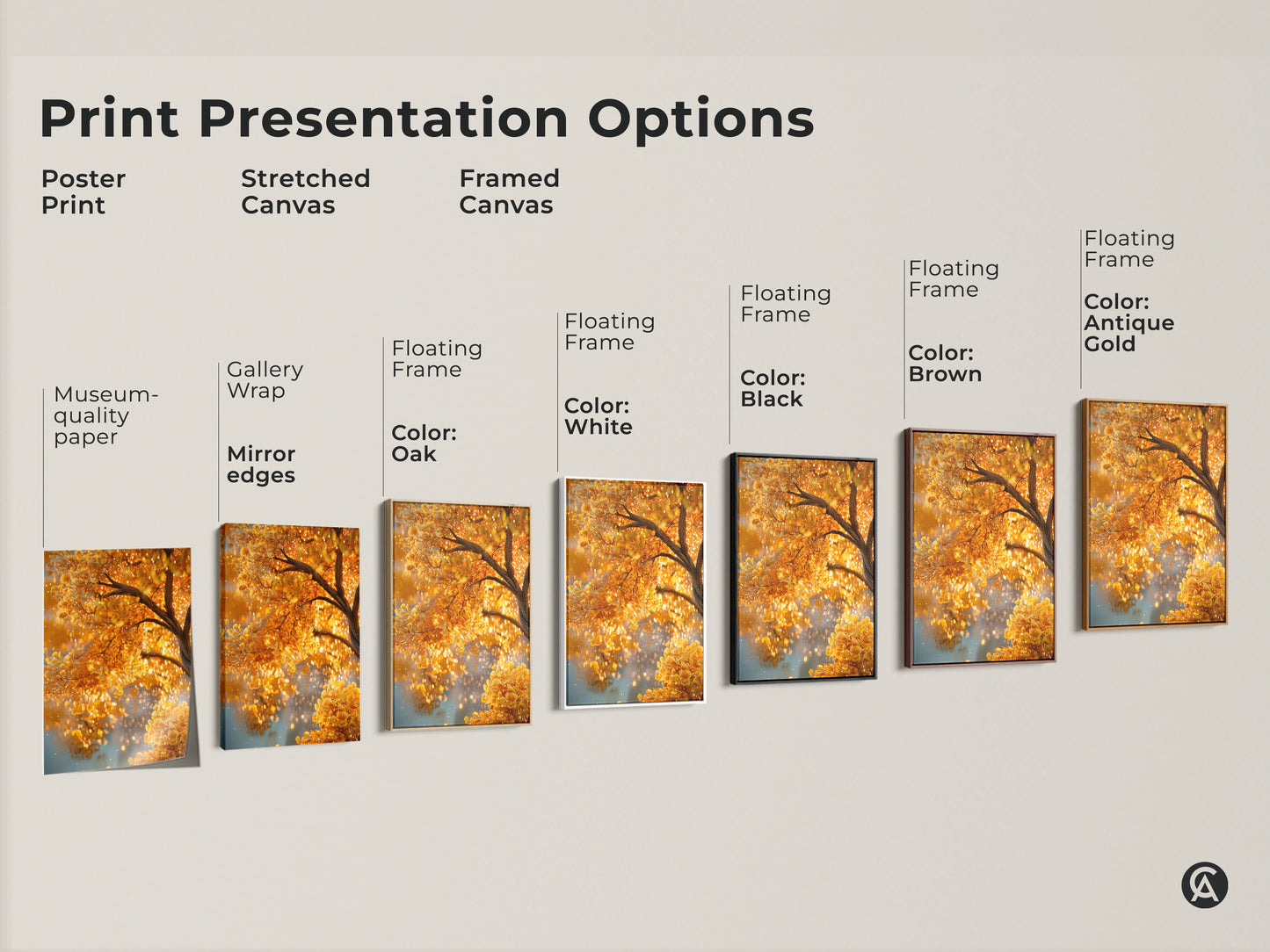 Explore print presentation options for our golden tree artwork. Choose from poster prints stretched canvas or framed canvas. Customize your art with floating frame colors like black brown white and antique gold.