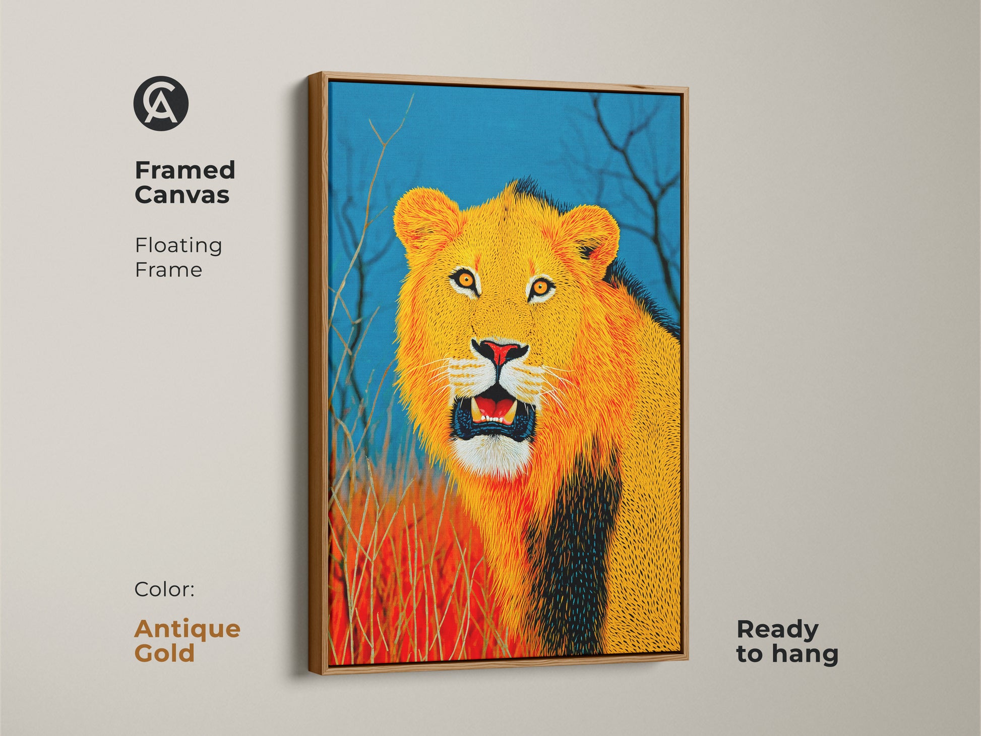 Framed Canvas with a Lion portrait in wildlife art. The antique gold floating frame adds sophistication. The eclectic art piece in golden yellow and blue is perfect for the living room. It's an ideal gift for a lion lover and is ready to hang.