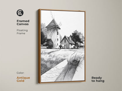 Framed canvas featuring farmhouse windmill art with an antique gold frame. This black and white ink drawing adds elegance to the country landscape. Ready to hang this piece is perfect for traditional farmhouse art. A unique housewarming gift.