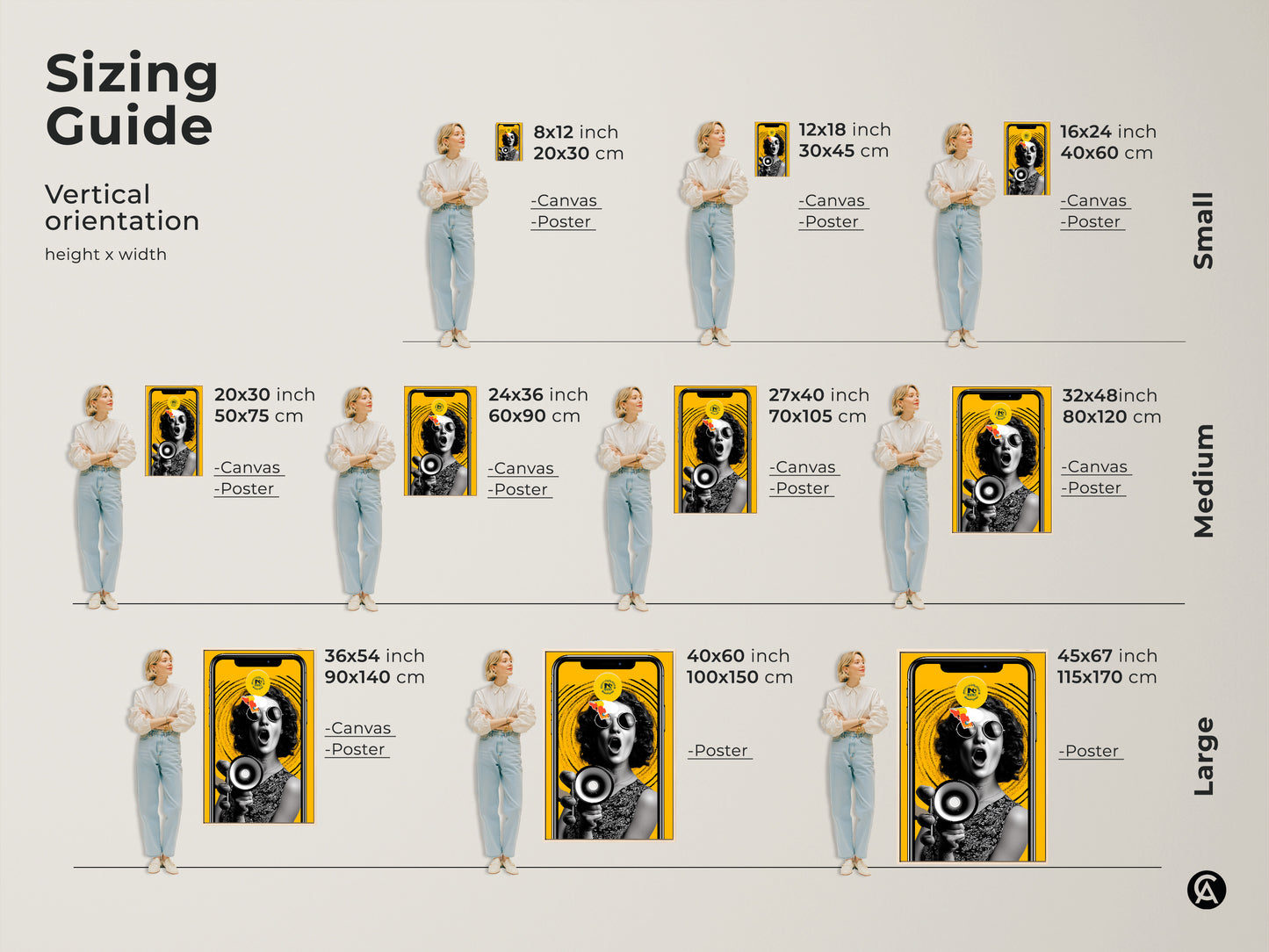 Sizing guide for our retro pop artwork featuring a woman with a megaphone. See how different sizes fit in a room. Visualize canvas and poster options. Choose the perfect dimensions to make a bold statement. This art is great for home or office.