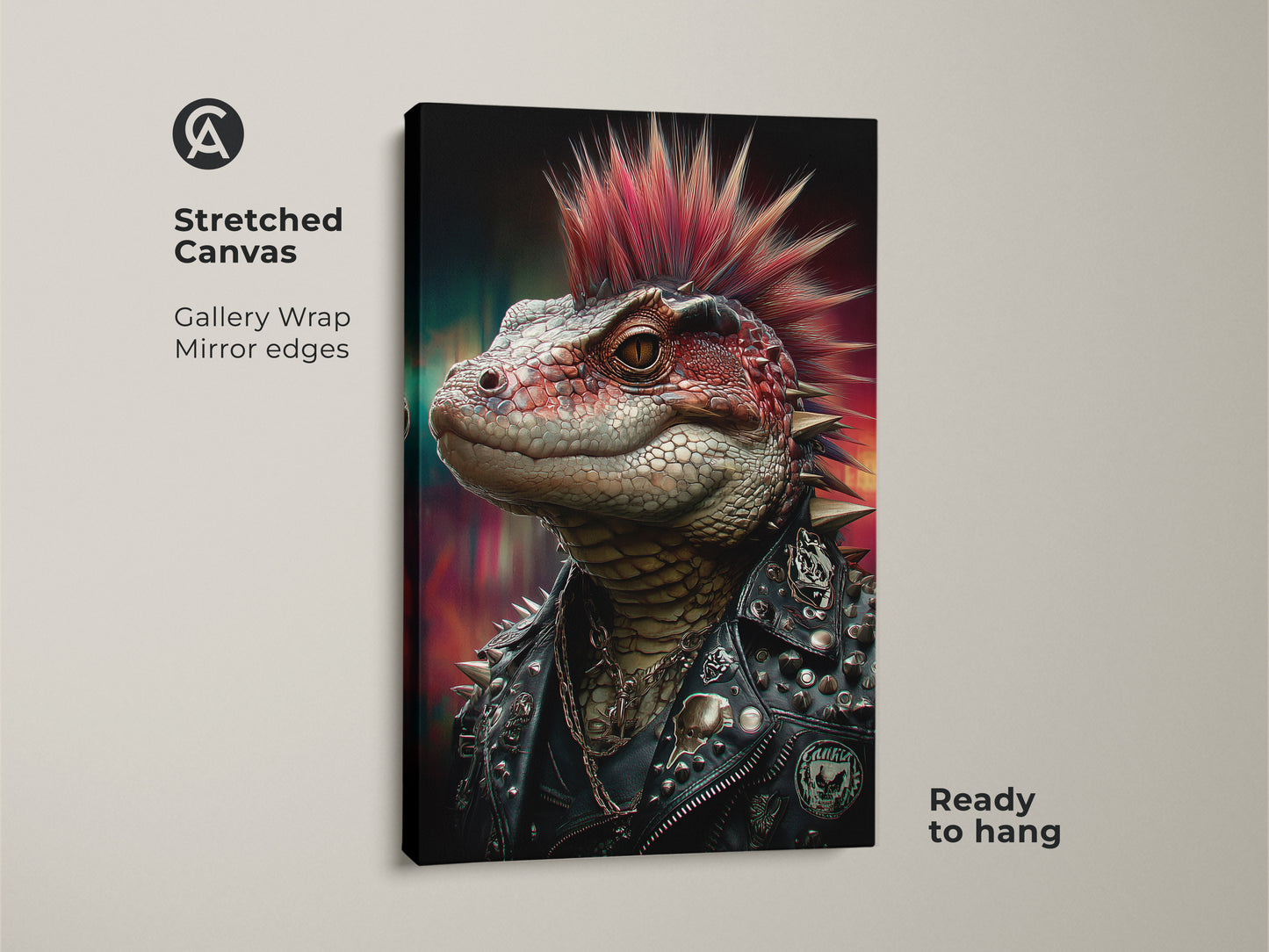 Stretched canvas of a punk rock lizard. This gothic reptile art print is ready to hang. The spiked jacket wall decor is perfect for a man cave. Alternative punk art makes a bold statement. The red mohawk reptile decor stands out in any space.