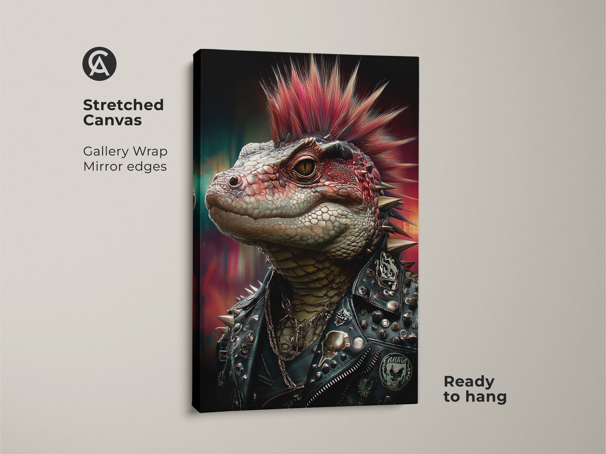 Stretched canvas of a punk rock lizard. This gothic reptile art print is ready to hang. The spiked jacket wall decor is perfect for a man cave. Alternative punk art makes a bold statement. The red mohawk reptile decor stands out in any space.