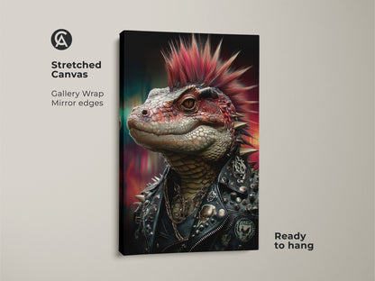Stretched canvas of a punk rock lizard. This gothic reptile art print is ready to hang. The spiked jacket wall decor is perfect for a man cave. Alternative punk art makes a bold statement. The red mohawk reptile decor stands out in any space.
